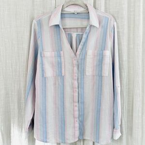 Candie's Pastel Striped Linen & Cotton Blend Button Down Soft Blouse - XL